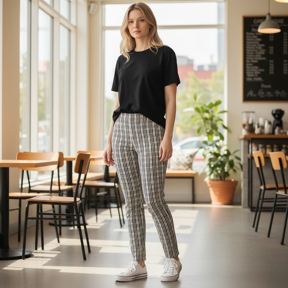 Preppy Plaid Stripes Teal Tan Blue Slim Fit Plus Size Pants Trousers A New Day